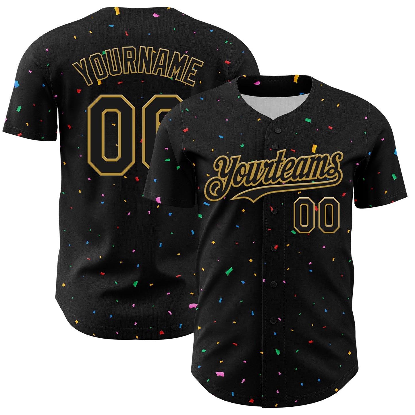Custom Black Old Gold 3D Pattern Design Confetti Authentic Baseball Jersey - Main View