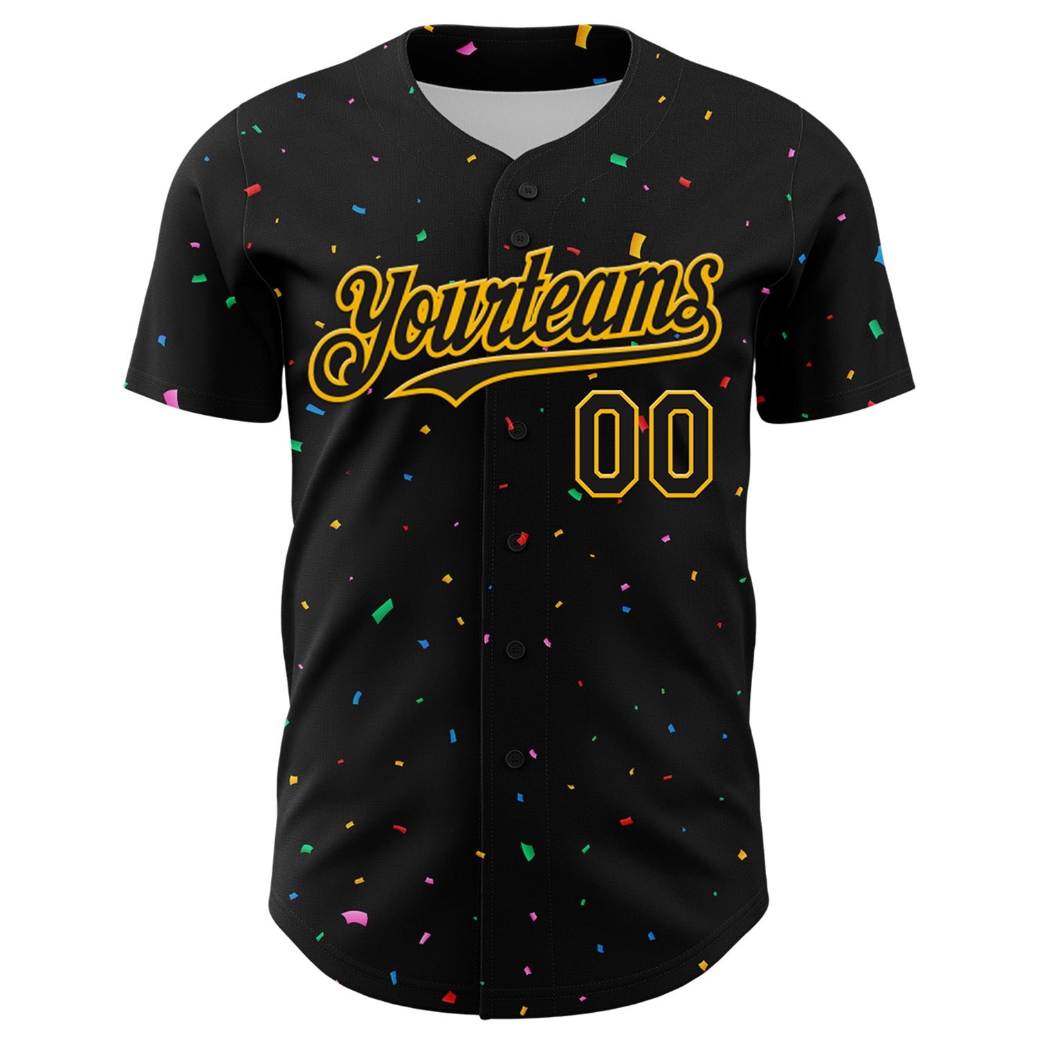 Custom Black Gold 3D Pattern Design Confetti Authentic Baseball Jersey view 2