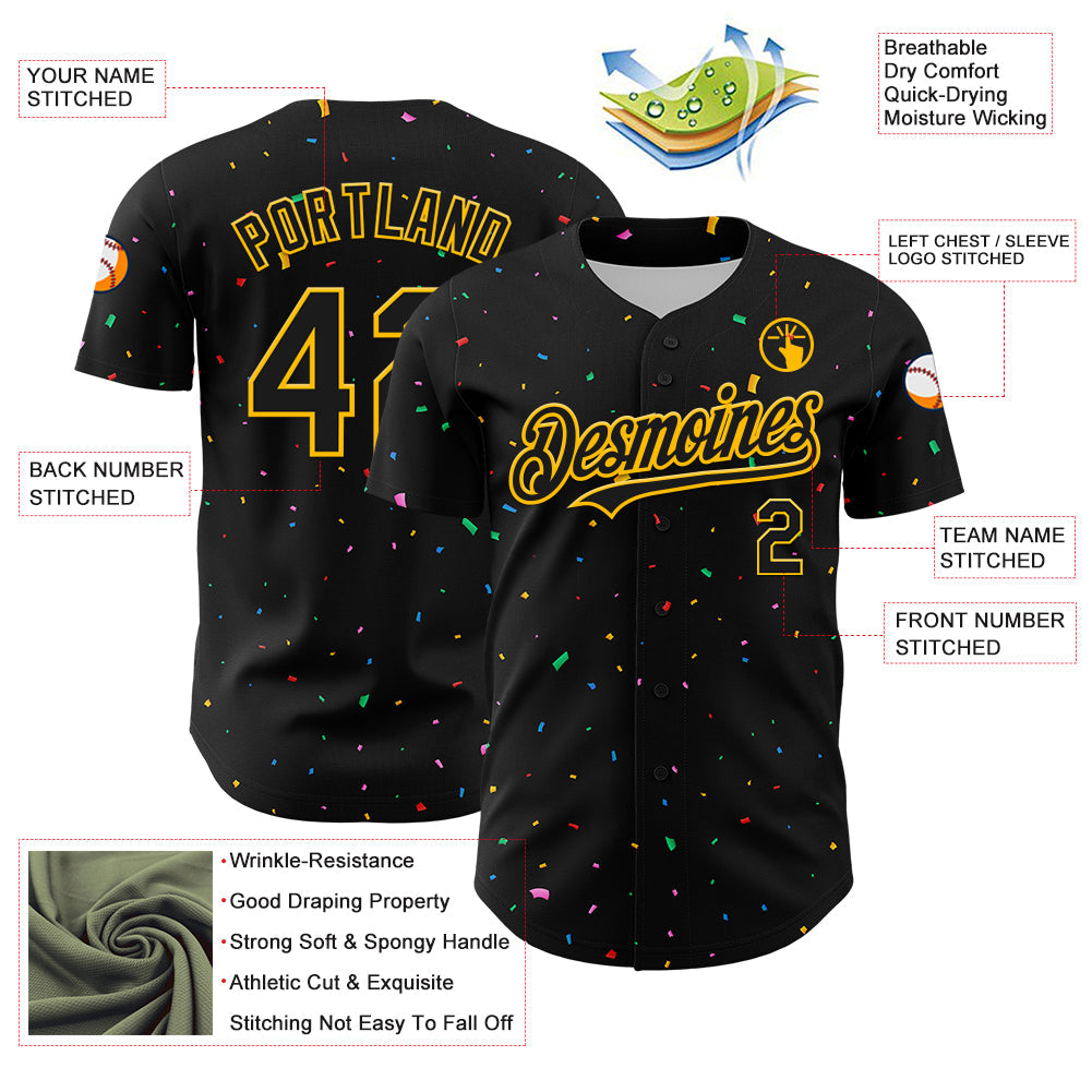 Custom Black Gold 3D Pattern Design Confetti Authentic Baseball Jersey view 3