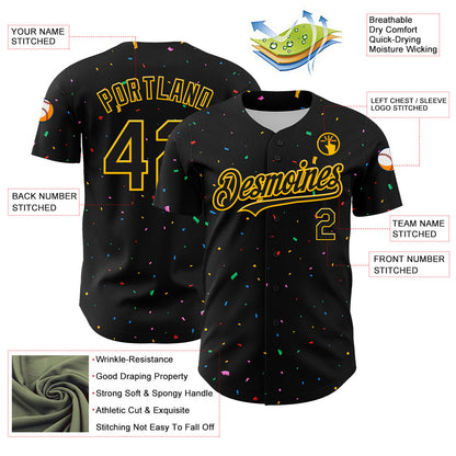 Custom Black Gold 3D Pattern Design Confetti Authentic Baseball Jersey view 3