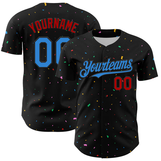 Custom Black Electric Blue-Red 3D Pattern Design Confetti Authentic Baseball Jersey - Main View