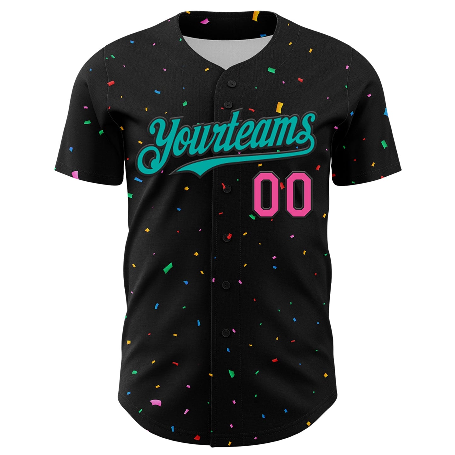 Custom Black Aqua-Pink 3D Pattern Design Confetti Authentic Baseball Jersey view 2