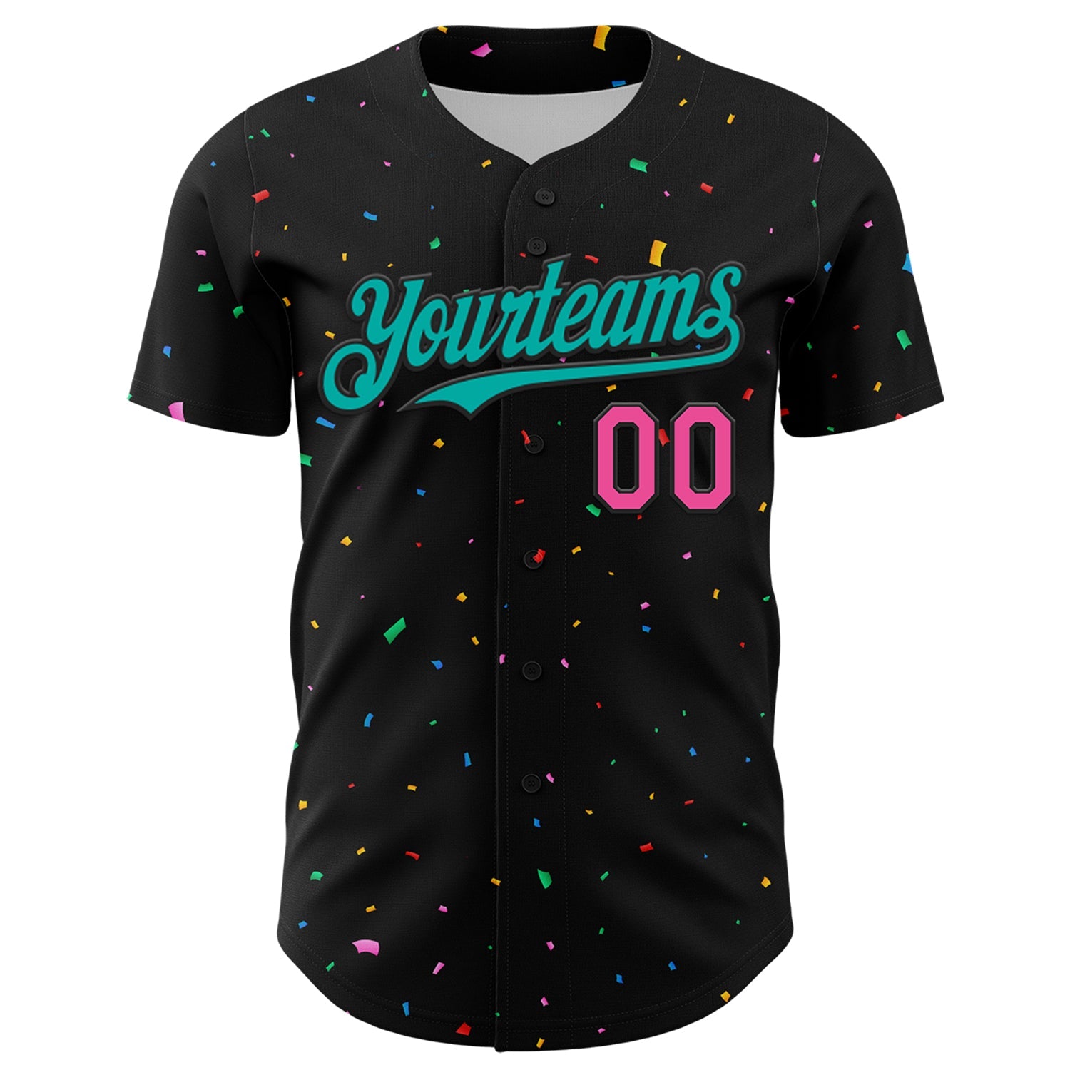 Custom Black Aqua-Pink 3D Pattern Design Confetti Authentic Baseball Jersey view 2