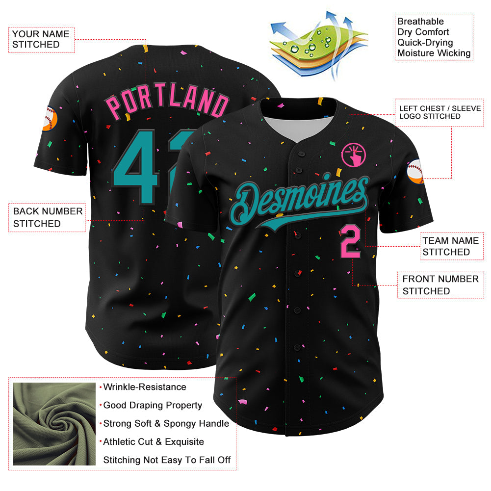 Custom Black Aqua-Pink 3D Pattern Design Confetti Authentic Baseball Jersey view 3