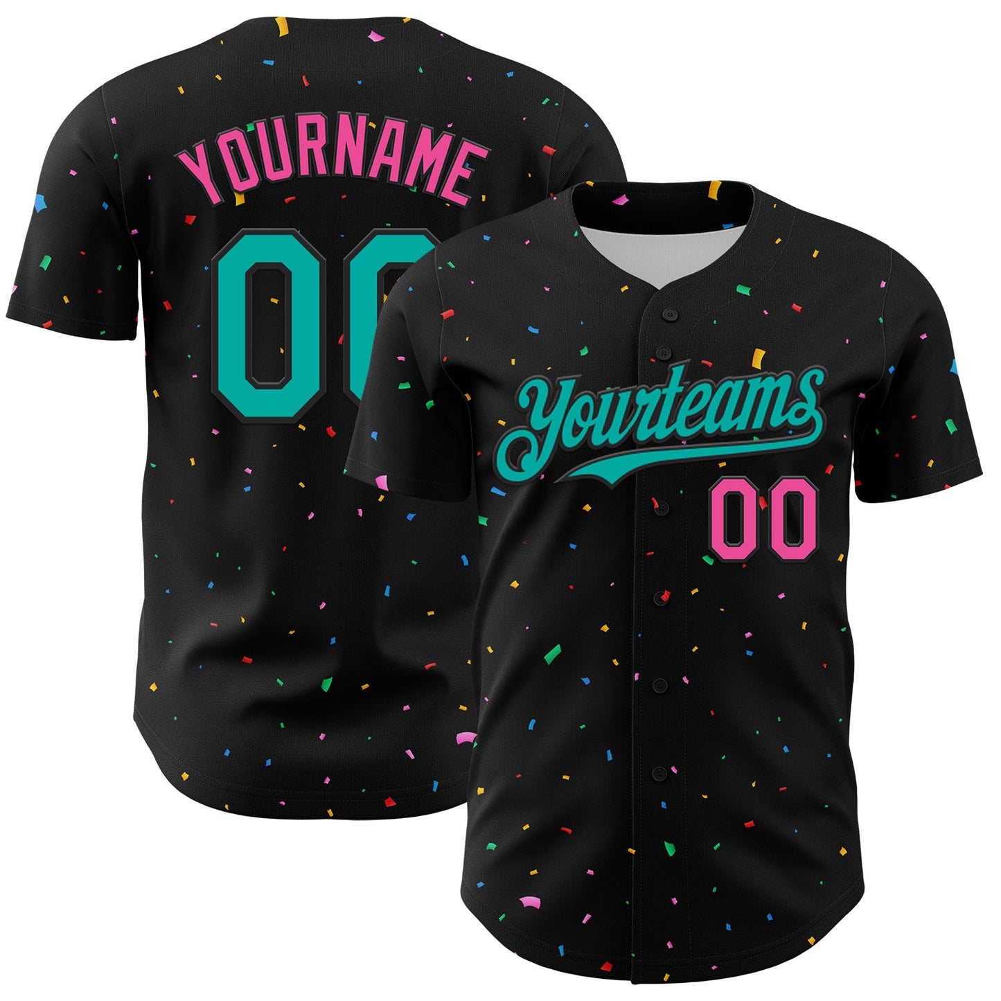 Custom Black Aqua-Pink 3D Pattern Design Confetti Authentic Baseball Jersey - Main View