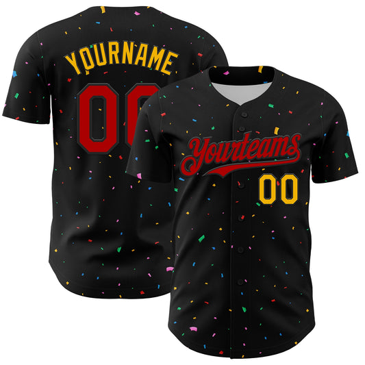 Custom Black Red-Gold 3D Pattern Design Confetti Authentic Baseball Jersey - Main View