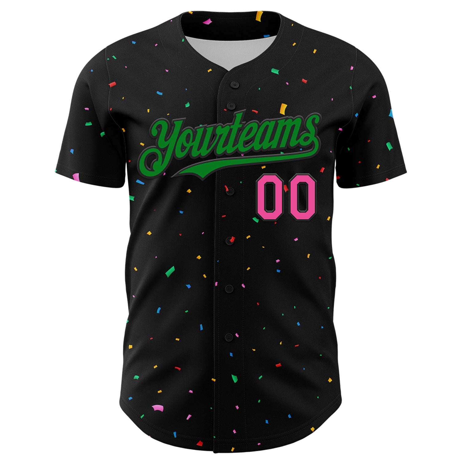 Custom Black Grass Green-Pink 3D Pattern Design Confetti Authentic Baseball Jersey view 2