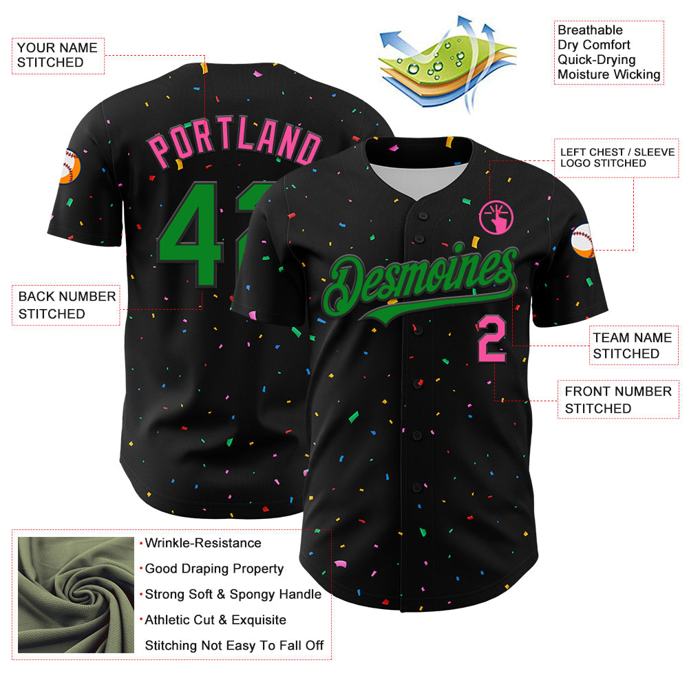 Custom Black Grass Green-Pink 3D Pattern Design Confetti Authentic Baseball Jersey view 3