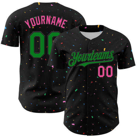 Custom Black Grass Green-Pink 3D Pattern Design Confetti Authentic Baseball Jersey - Main View