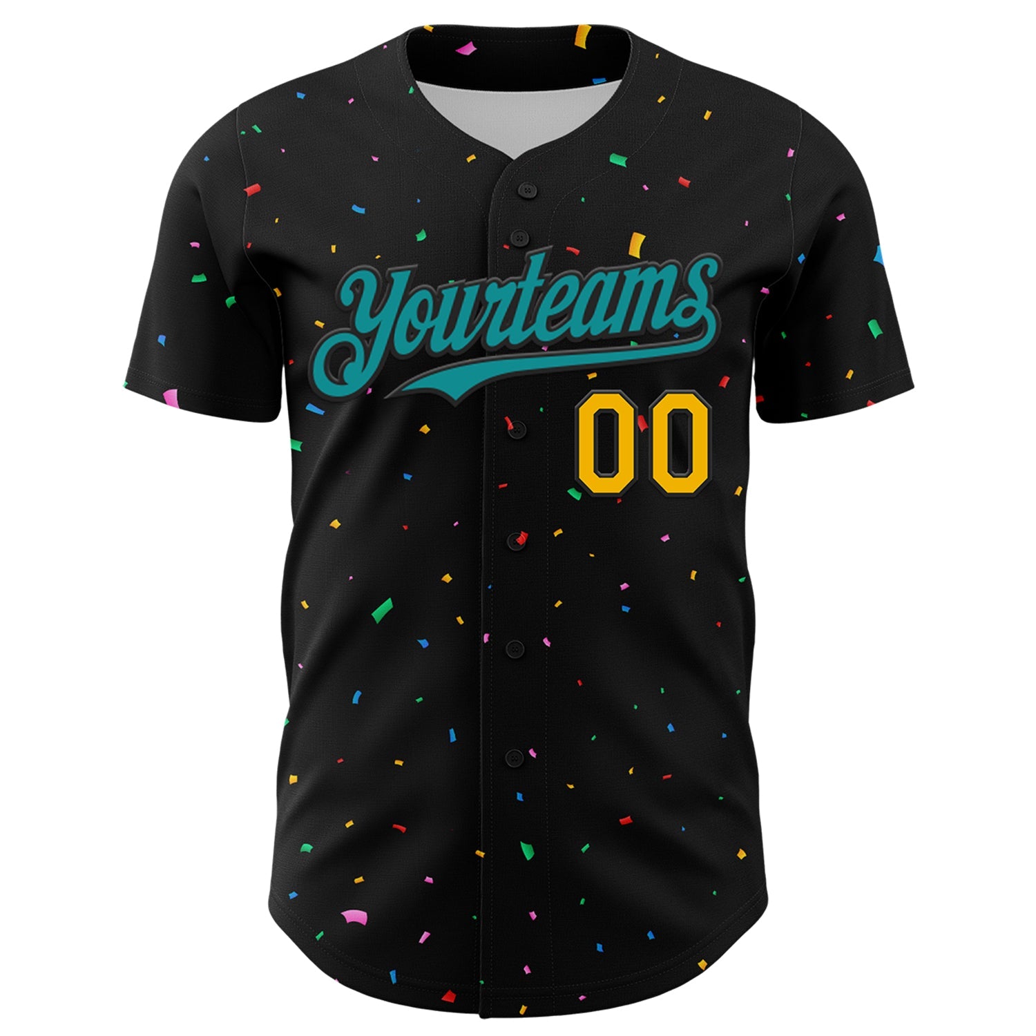 Custom Black Teal-Gold 3D Pattern Design Confetti Authentic Baseball Jersey view 2