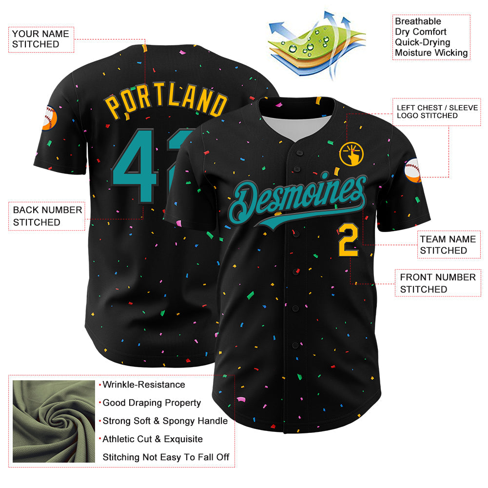 Custom Black Teal-Gold 3D Pattern Design Confetti Authentic Baseball Jersey view 3