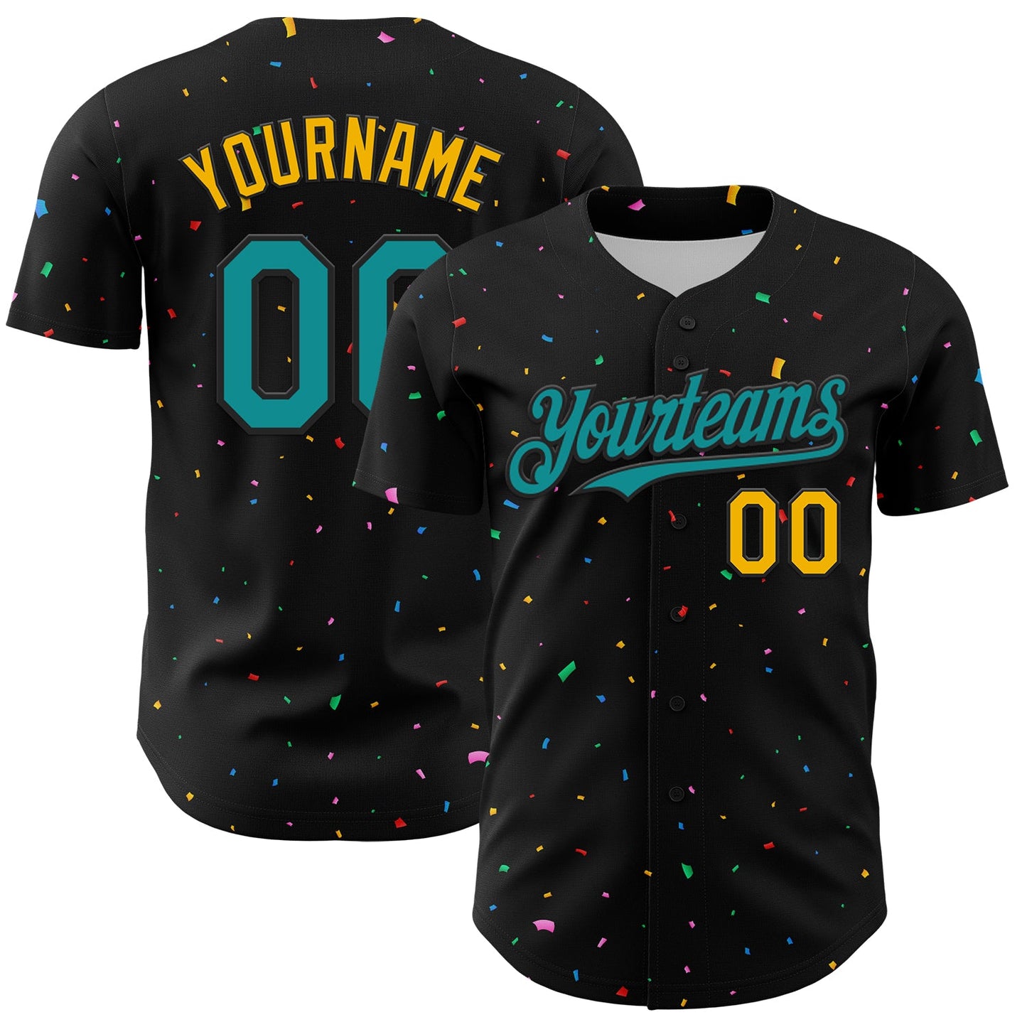 Custom Black Teal-Gold 3D Pattern Design Confetti Authentic Baseball Jersey - Main View