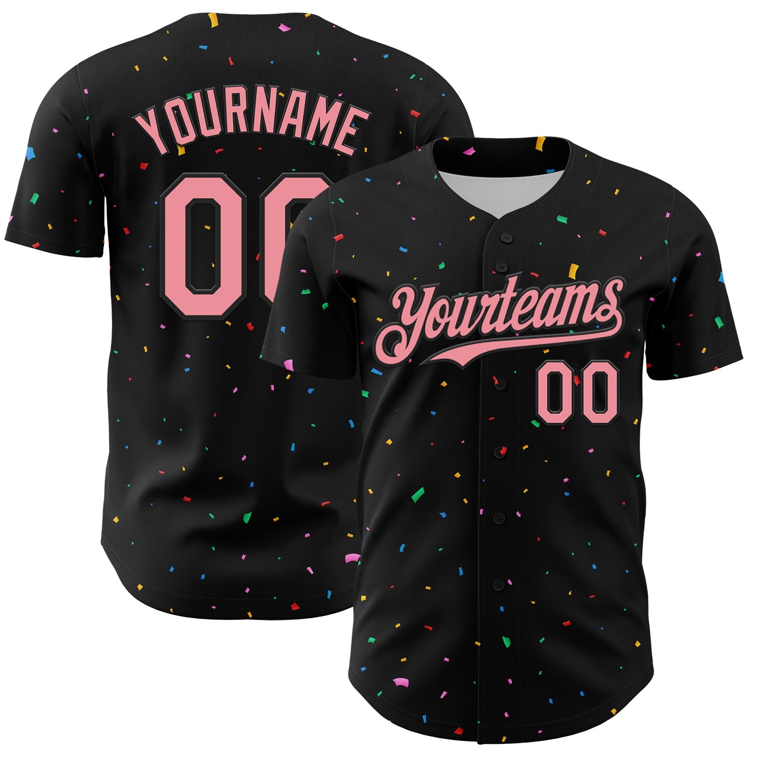 Custom Black Medium Pink 3D Pattern Design Confetti Authentic Baseball Jersey - Main View