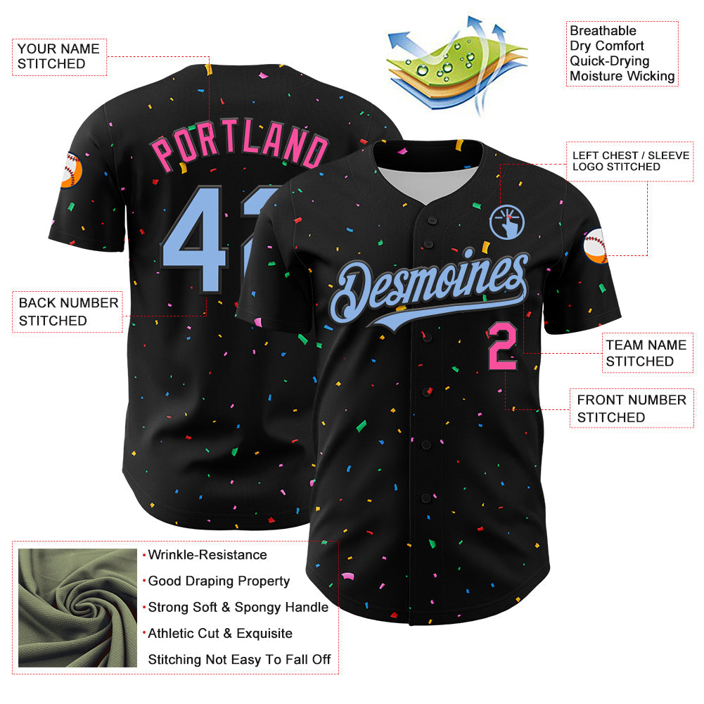 Custom Black Light Blue-Pink 3D Pattern Design Confetti Authentic Baseball Jersey view 3