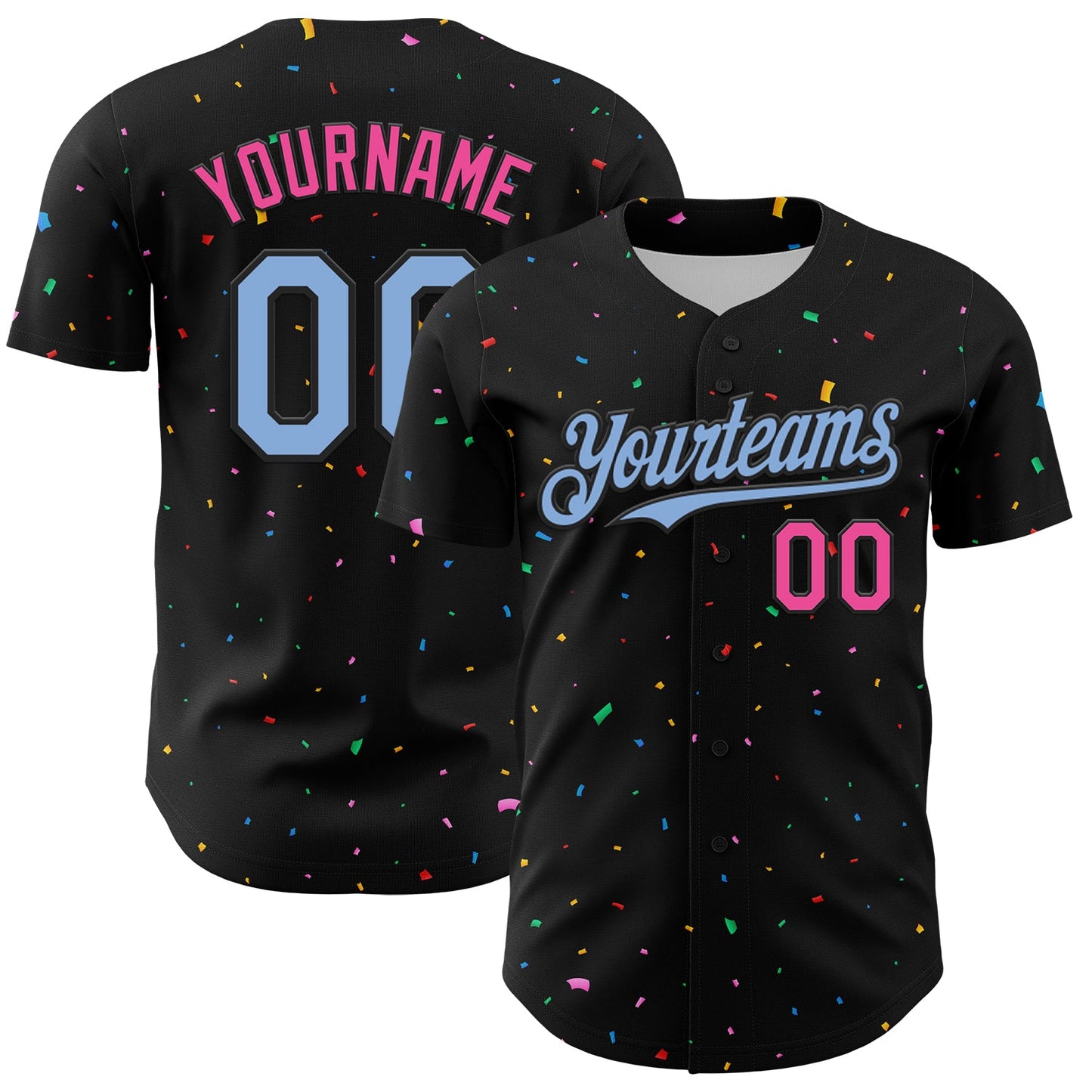 Custom Black Light Blue-Pink 3D Pattern Design Confetti Authentic Baseball Jersey - Main View