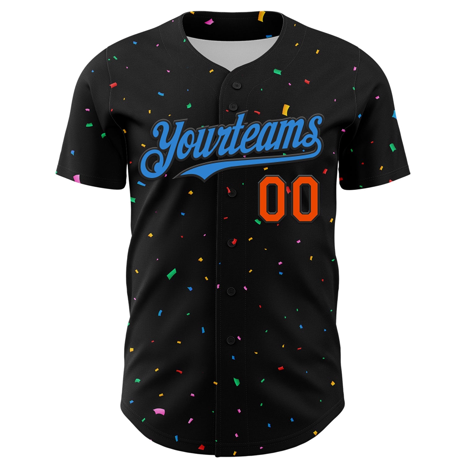 Custom Black Electric Blue-Orange 3D Pattern Design Confetti Authentic Baseball Jersey view 2