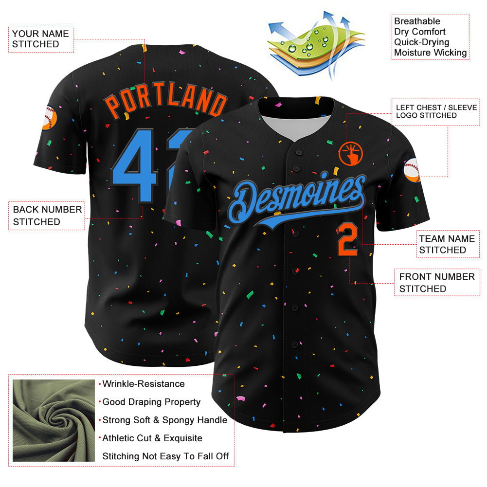 Custom Black Electric Blue-Orange 3D Pattern Design Confetti Authentic Baseball Jersey view 3