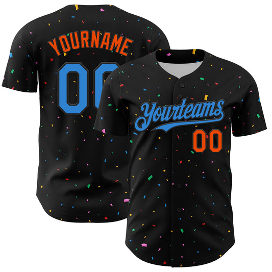 Custom Black Electric Blue-Orange 3D Pattern Design Confetti Authentic Baseball Jersey - Main View