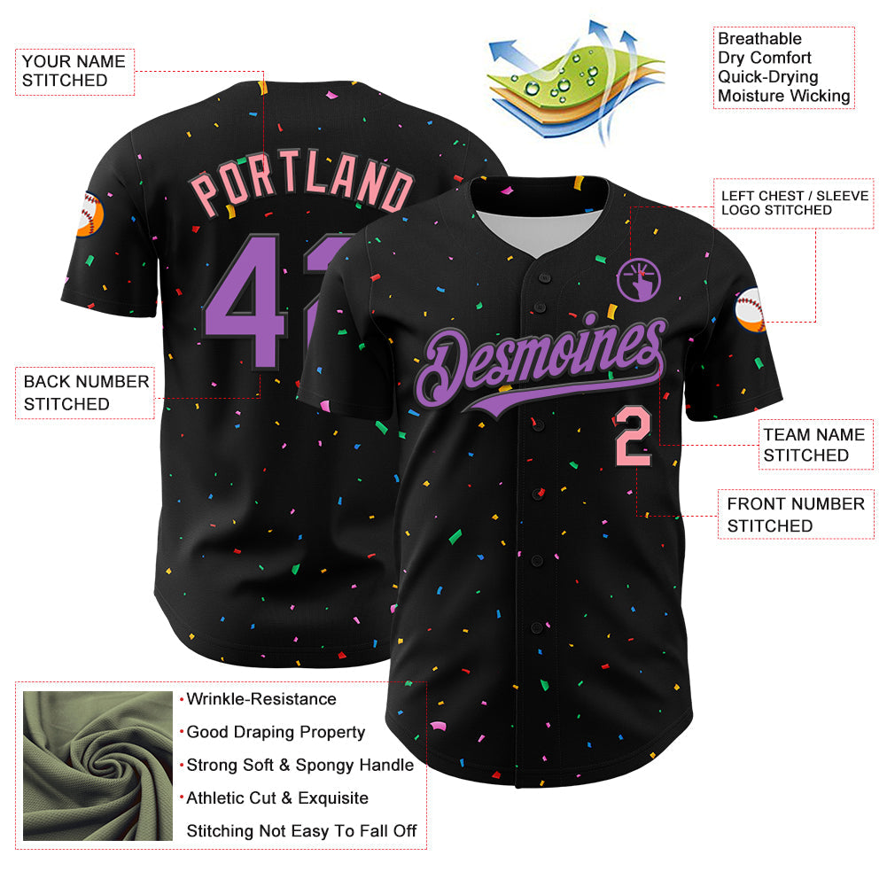 Custom Black Medium Purple-Medium Pink 3D Pattern Design Confetti Authentic Baseball Jersey view 3