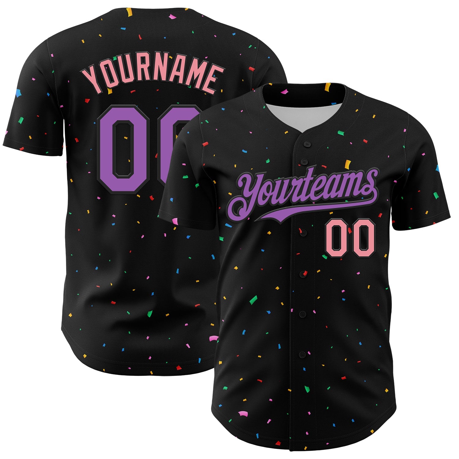 Custom Black Medium Purple-Medium Pink 3D Pattern Design Confetti Authentic Baseball Jersey - Main View