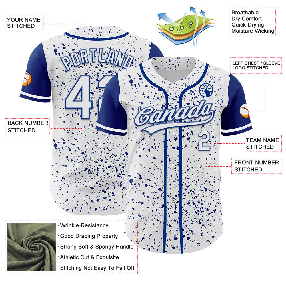 Custom White Royal 3D Pattern Design Abstract Splatter Ink Authentic Baseball Jersey view 3
