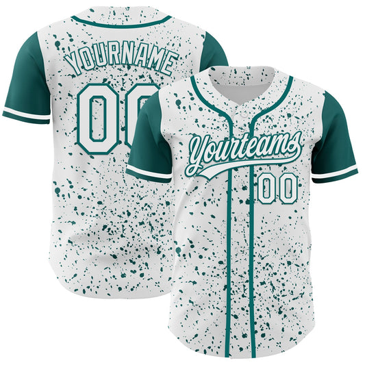 Custom White Teal 3D Pattern Design Abstract Splatter Ink Authentic Baseball Jersey - Main View