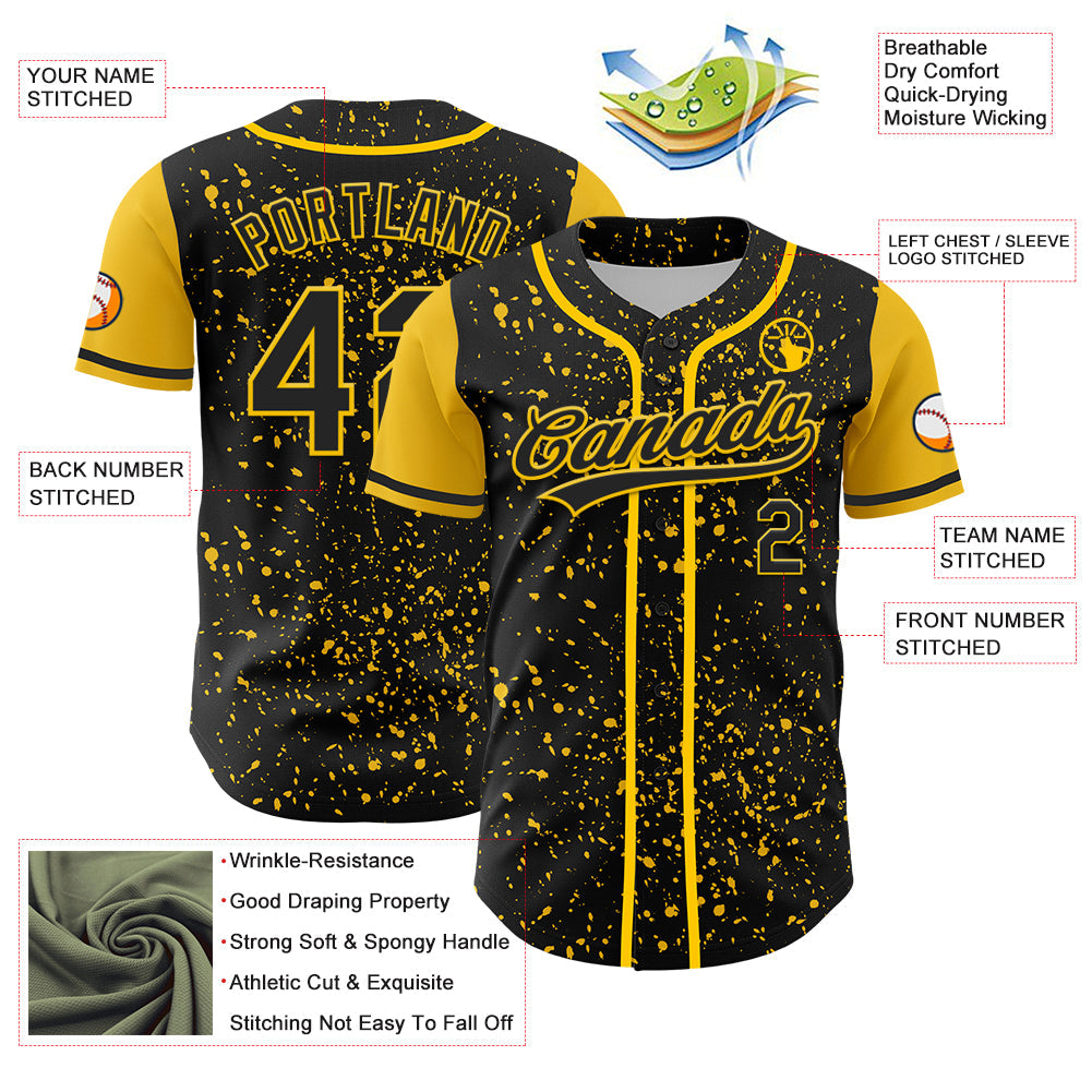 Custom Black Yellow 3D Pattern Design Abstract Splatter Ink Authentic Baseball Jersey view 3