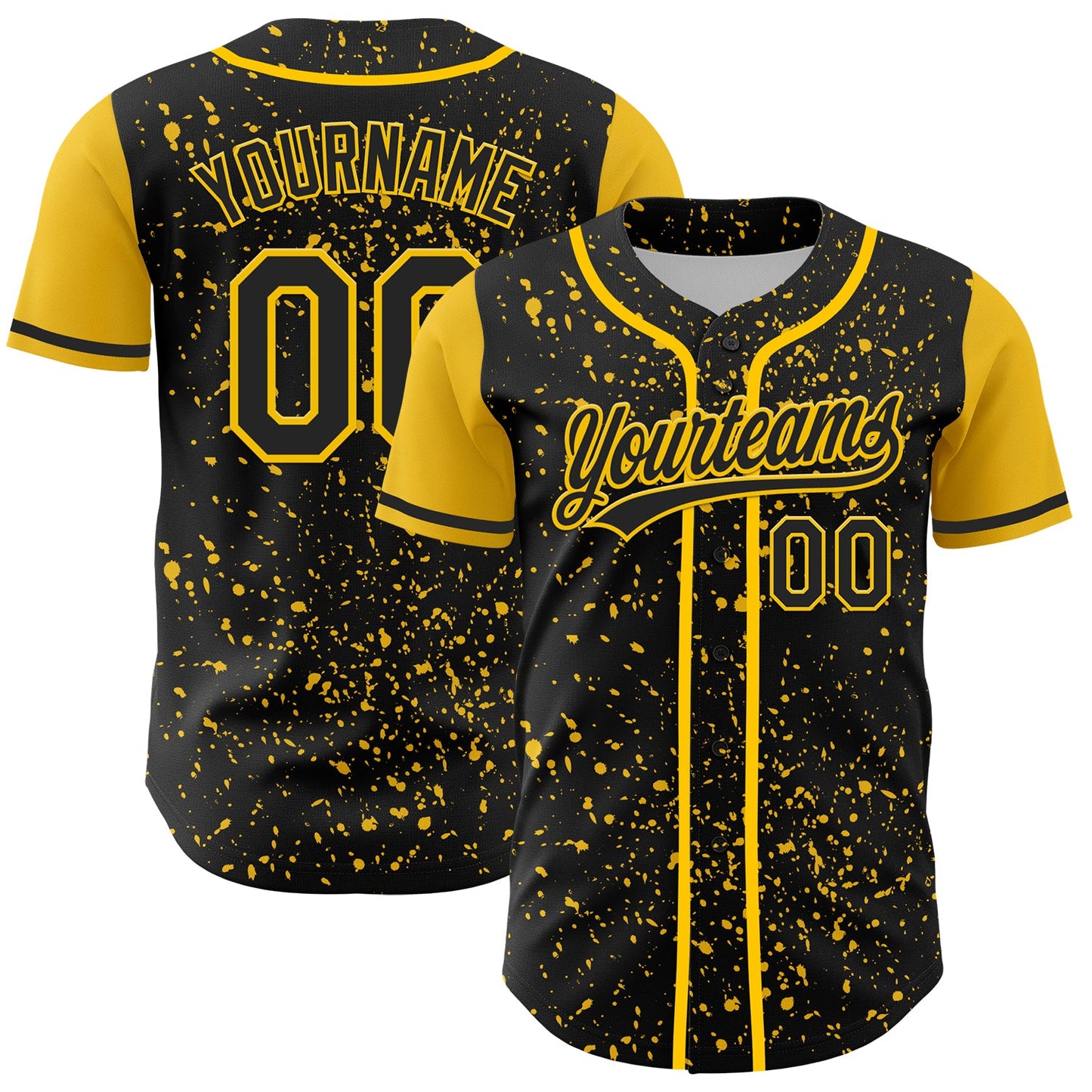 Custom Black Yellow 3D Pattern Design Abstract Splatter Ink Authentic Baseball Jersey - Main View