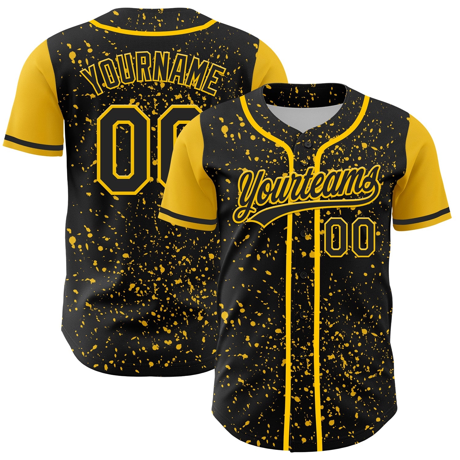 Custom Black Yellow 3D Pattern Design Abstract Splatter Ink Authentic Baseball Jersey - Main View