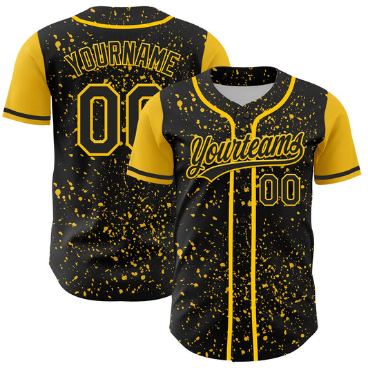Custom Black Yellow 3D Pattern Design Abstract Splatter Ink Authentic Baseball Jersey - Main View