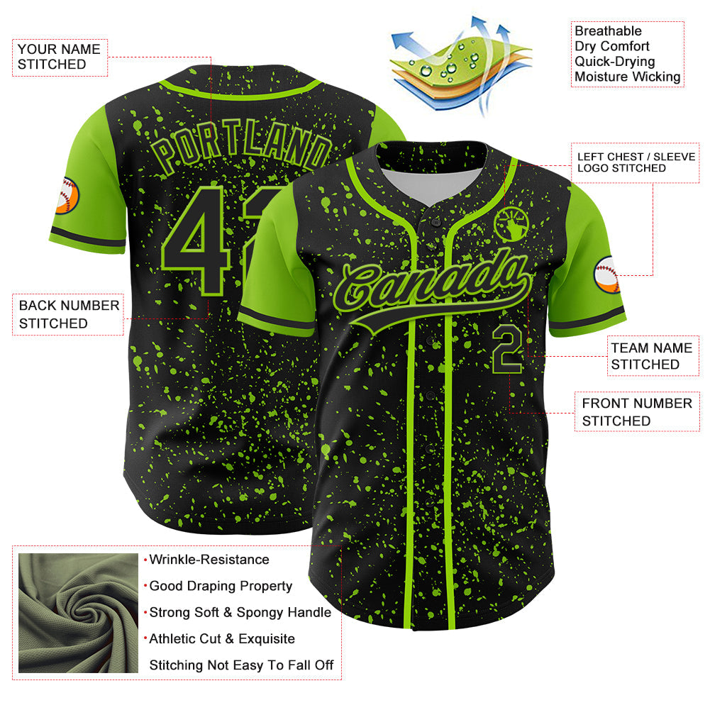 Custom Black Neon Green 3D Pattern Design Abstract Splatter Ink Authentic Baseball Jersey view 3