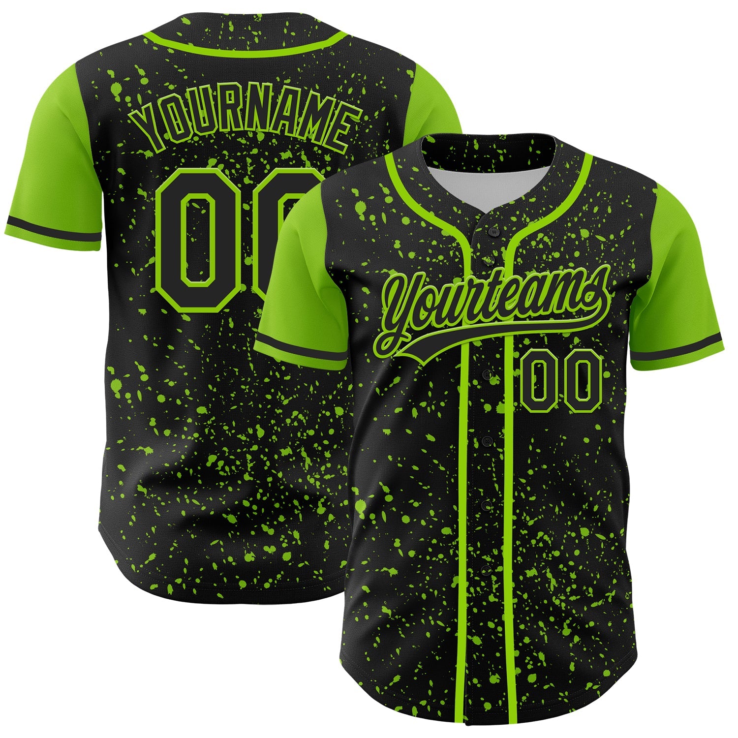 Custom Black Neon Green 3D Pattern Design Abstract Splatter Ink Authentic Baseball Jersey - Main View