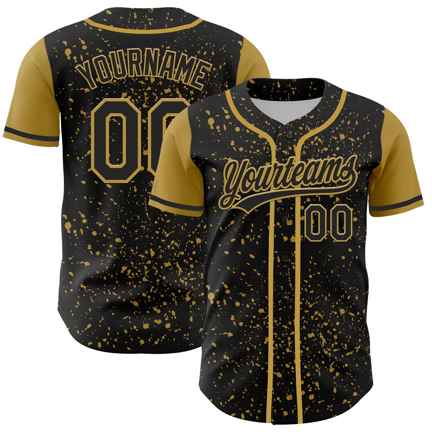 Custom Black Old Gold 3D Pattern Design Abstract Splatter Ink Authentic Baseball Jersey - Main View