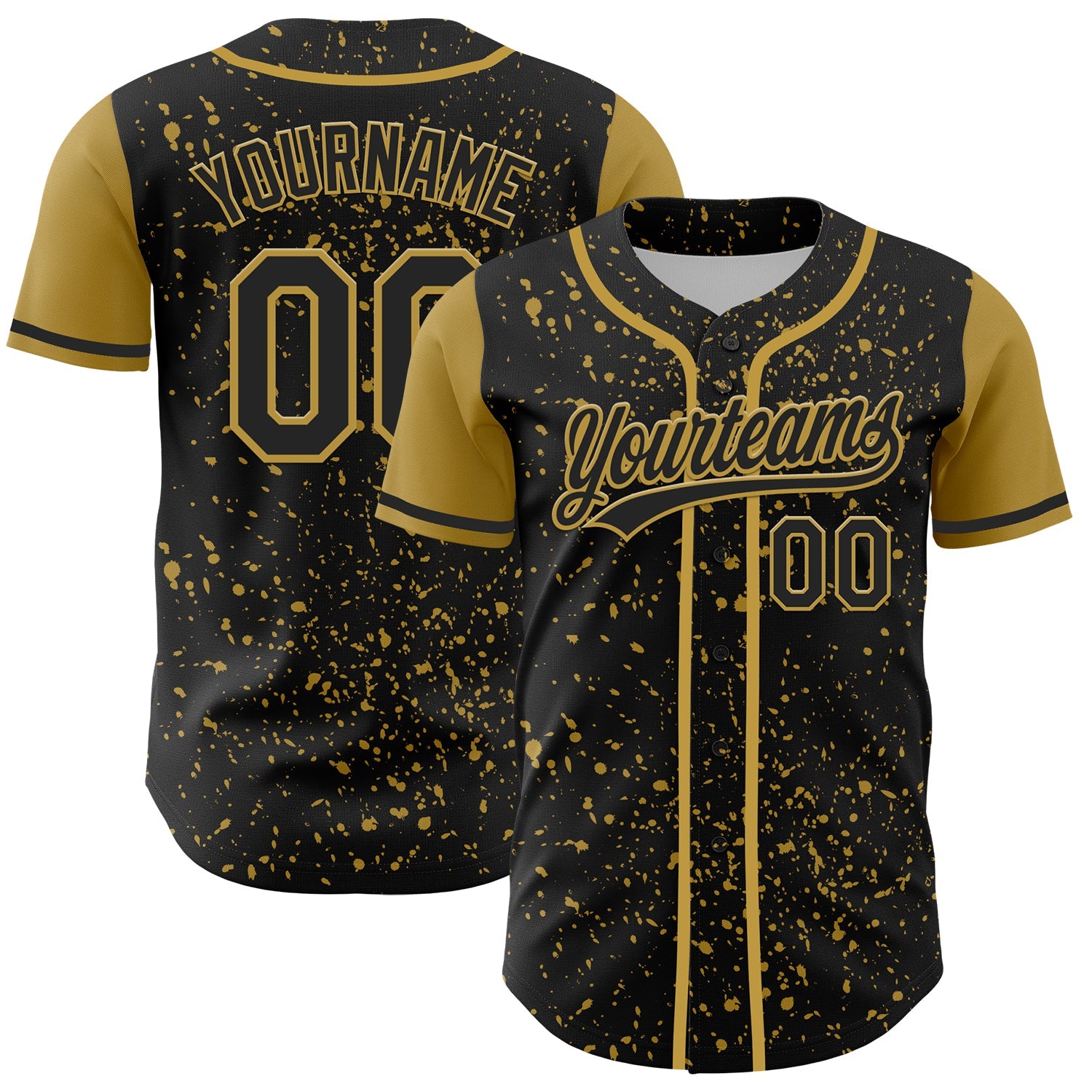 Custom Black Old Gold 3D Pattern Design Abstract Splatter Ink Authentic Baseball Jersey - Main View