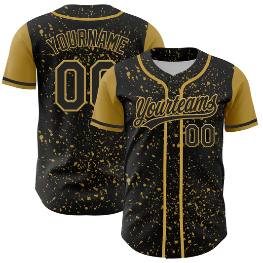 Custom Black Old Gold 3D Pattern Design Abstract Splatter Ink Authentic Baseball Jersey - Main View