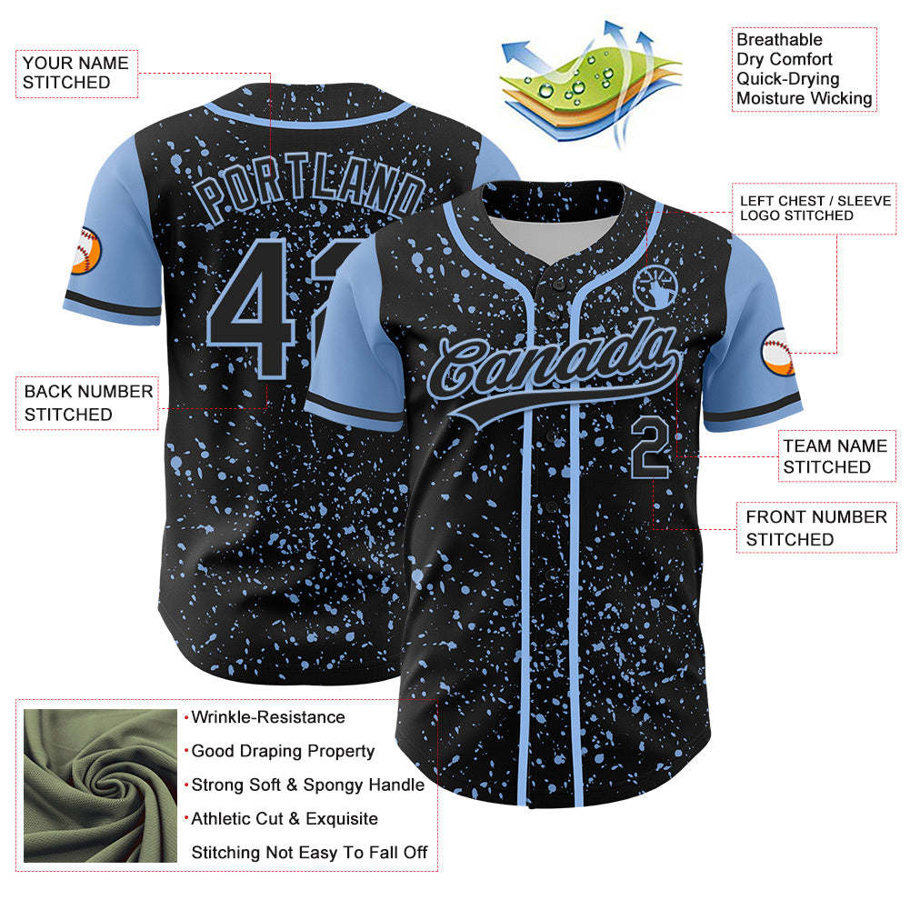 Custom Black Light Blue 3D Pattern Design Abstract Splatter Ink Authentic Baseball Jersey view 3