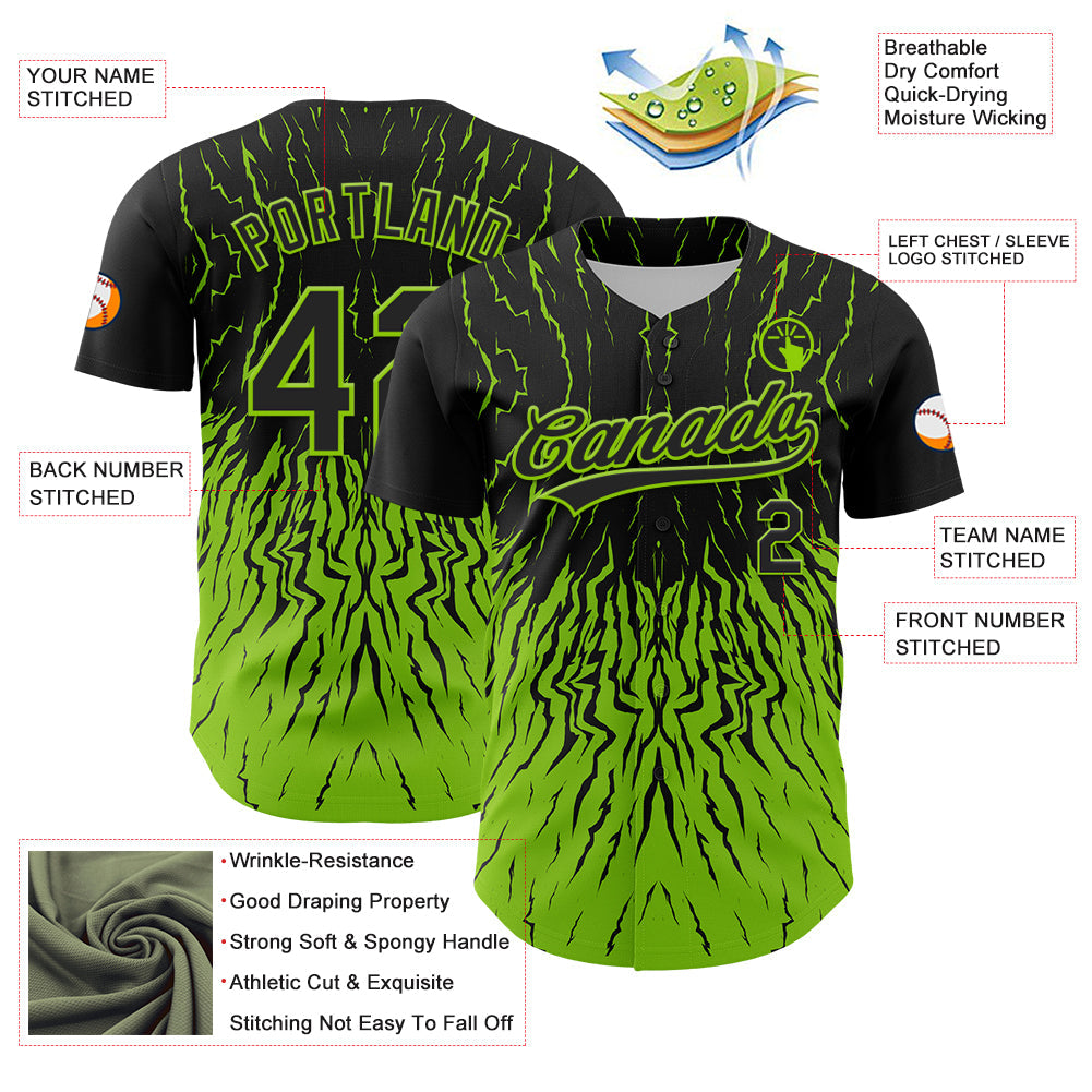 Custom Black Neon Green 3D Pattern Design Abstract Wave Authentic Baseball Jersey view 3