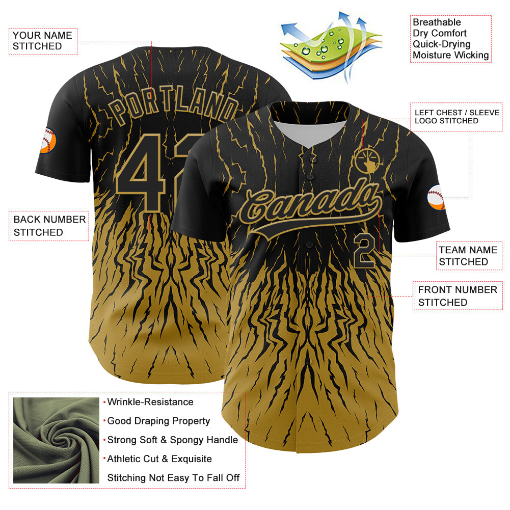 Custom Black Old Gold 3D Pattern Design Abstract Wave Authentic Baseball Jersey view 3