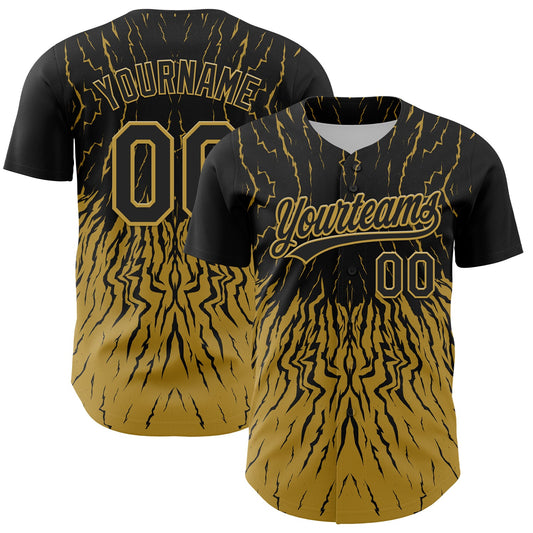 Custom Black Old Gold 3D Pattern Design Abstract Wave Authentic Baseball Jersey - Main View