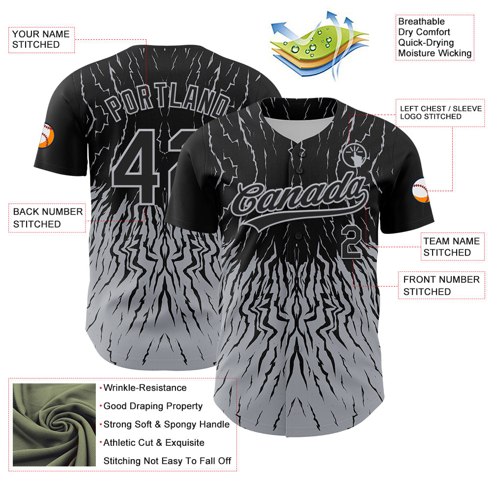 Custom Black Gray 3D Pattern Design Abstract Wave Authentic Baseball Jersey view 3