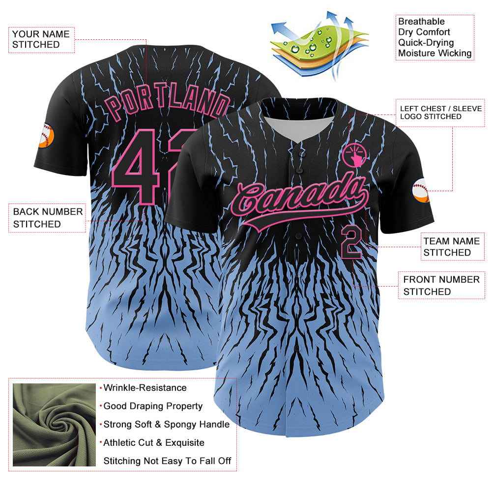 Custom Black Light Blue-Pink 3D Pattern Design Abstract Wave Authentic Baseball Jersey view 3