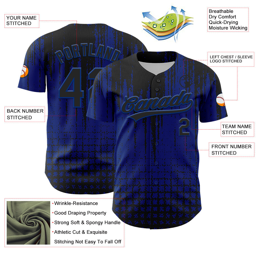 Custom Royal Black 3D Pattern Design Abstract Shape Authentic Baseball Jersey view 3