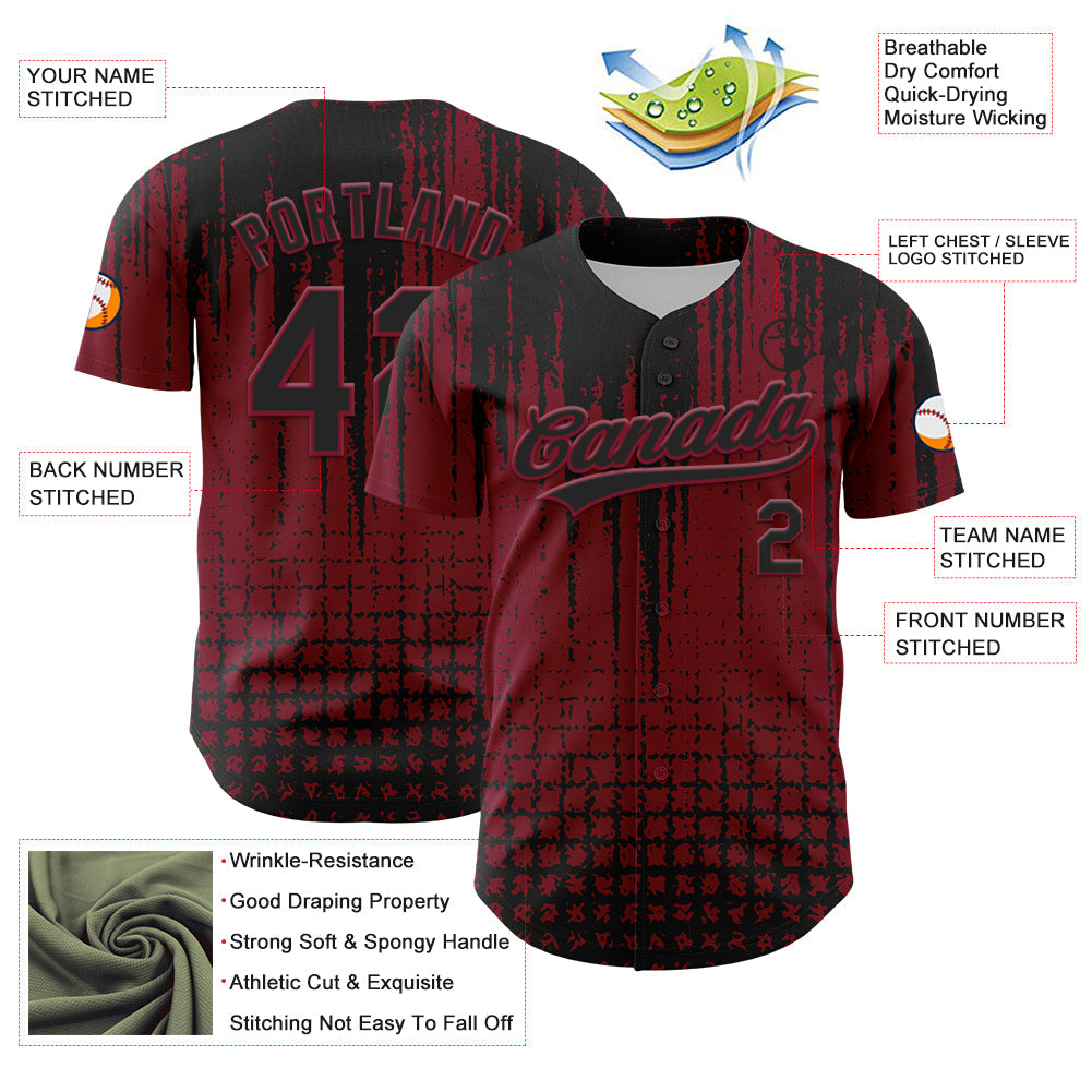 Custom Crimson Black 3D Pattern Design Abstract Shape Authentic Baseball Jersey view 3