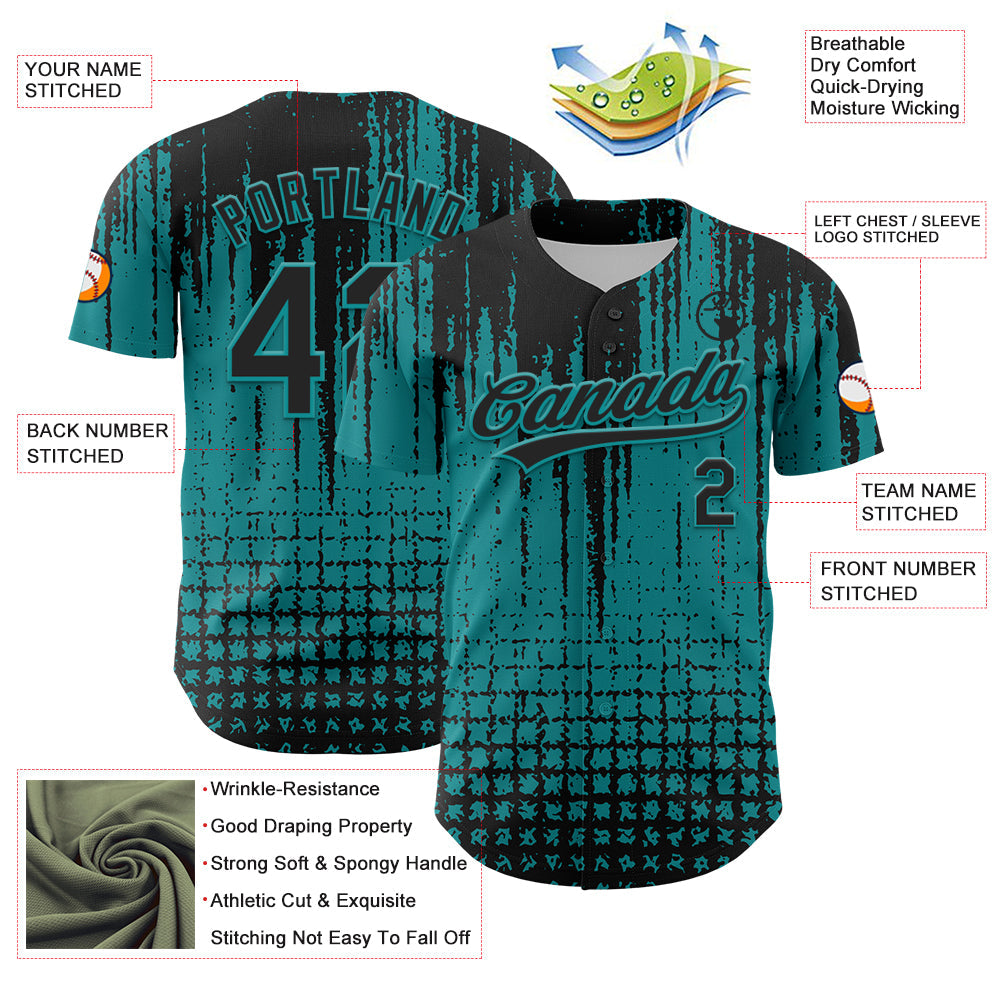 Custom Teal Black 3D Pattern Design Abstract Shape Authentic Baseball Jersey view 3