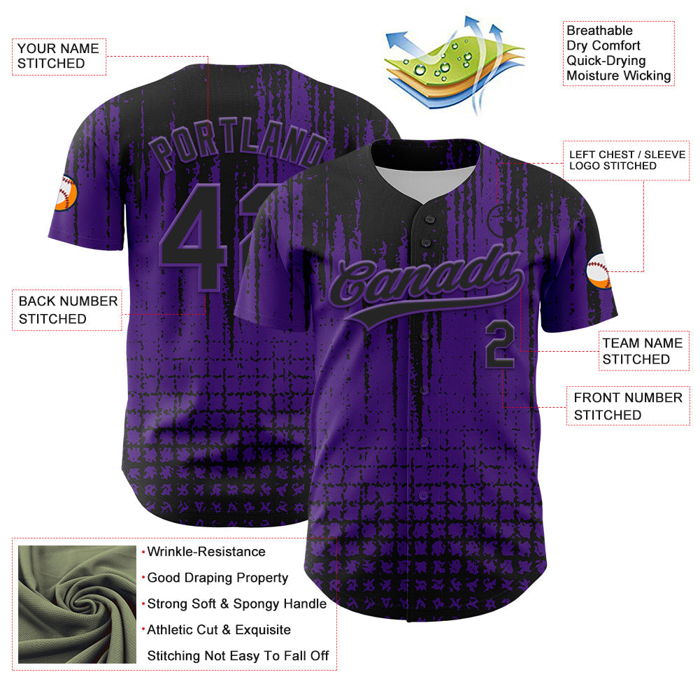 Custom Purple Black 3D Pattern Design Abstract Shape Authentic Baseball Jersey view 3