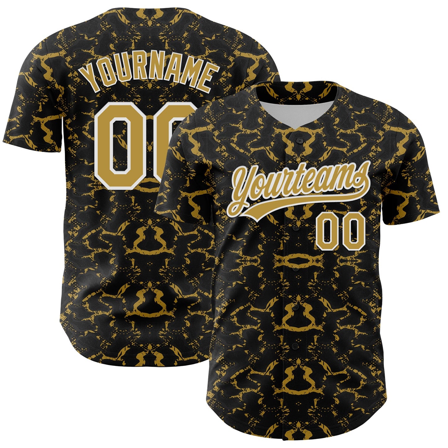Custom Black Old Gold-White 3D Pattern Design Abstract Tiger And Zebra Authentic Baseball Jersey - Main View