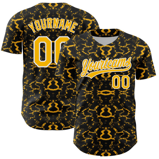 Custom Black Gold-White 3D Pattern Design Abstract Tiger And Zebra Authentic Baseball Jersey - Main View