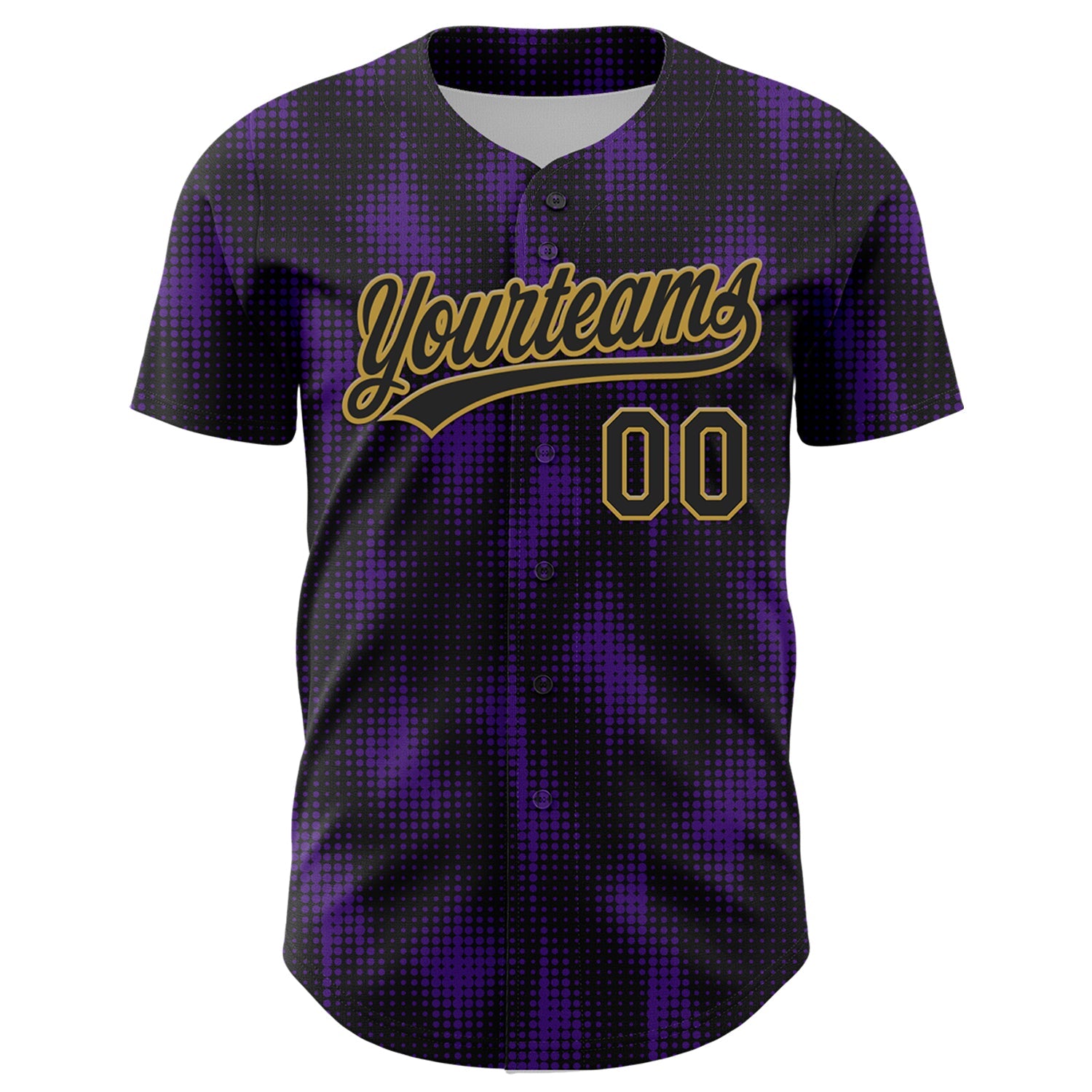 Custom Black Purple-Old Gold 3D Pattern Design Halftone Dots Authentic Baseball Jersey view 2
