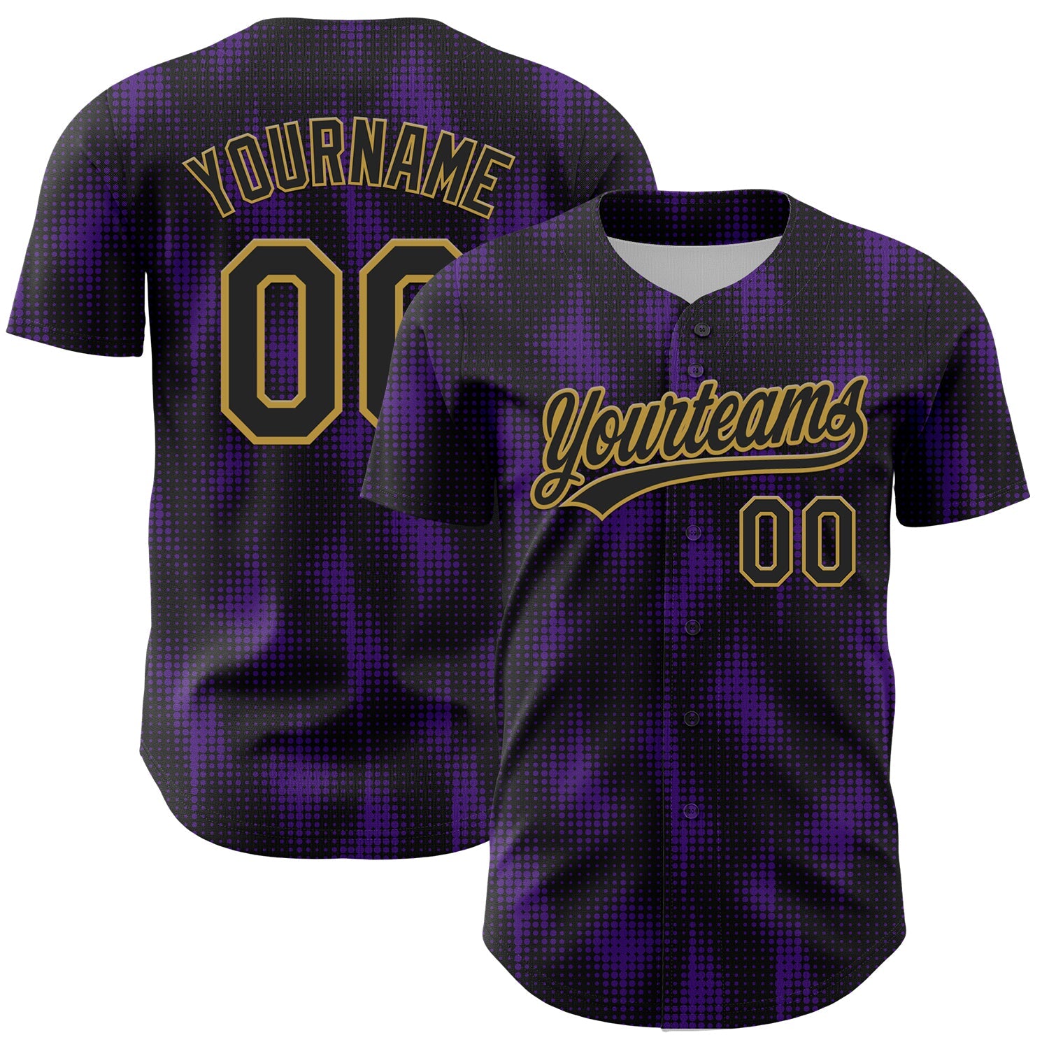 Custom Black Purple-Old Gold 3D Pattern Design Halftone Dots Authentic Baseball Jersey - Main View