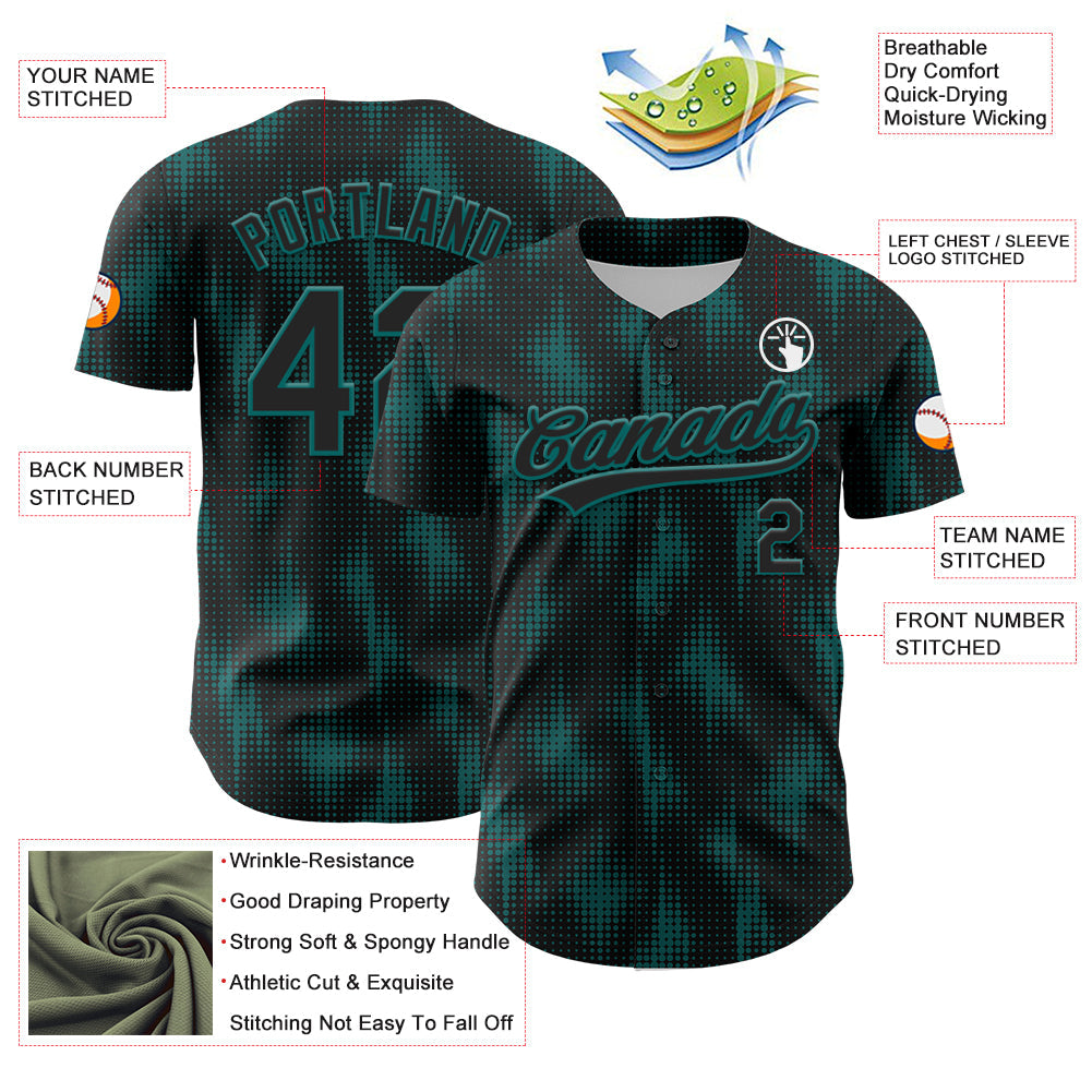 Custom Black Teal 3D Pattern Design Halftone Dots Authentic Baseball Jersey view 3